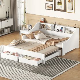 Twin To King Size Daybed Frame With Storage Bookcases And Two Drawers, Charging Design