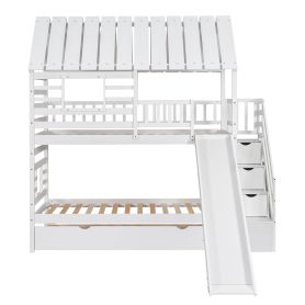Twin over Twin House Bunk Bed with Trundle and Slide, Storage Staircase, Roof and Window Design