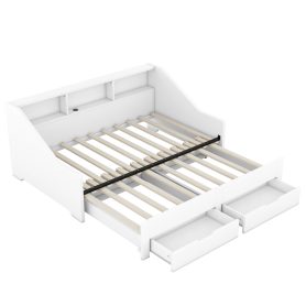 Twin To King Size Daybed Frame With Storage Bookcases And Two Drawers, Charging Design