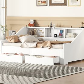 Twin To King Size Daybed Frame With Storage Bookcases And Two Drawers, Charging Design