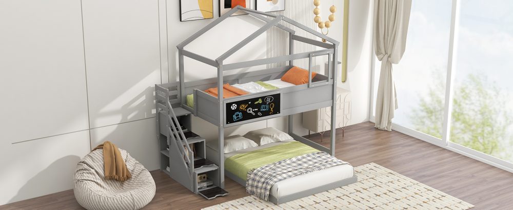 Twin over Full House Bunk Bed with Storage Staircase and Blackboard ...