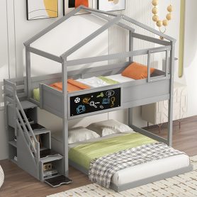 Twin over Full House Bunk Bed with Storage Staircase and Blackboard