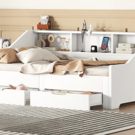 Twin To King Size Daybed Frame With Storage Bookcases And Two Drawers, Charging Design
