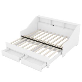 Twin To King Size Daybed Frame With Storage Bookcases And Two Drawers, Charging Design
