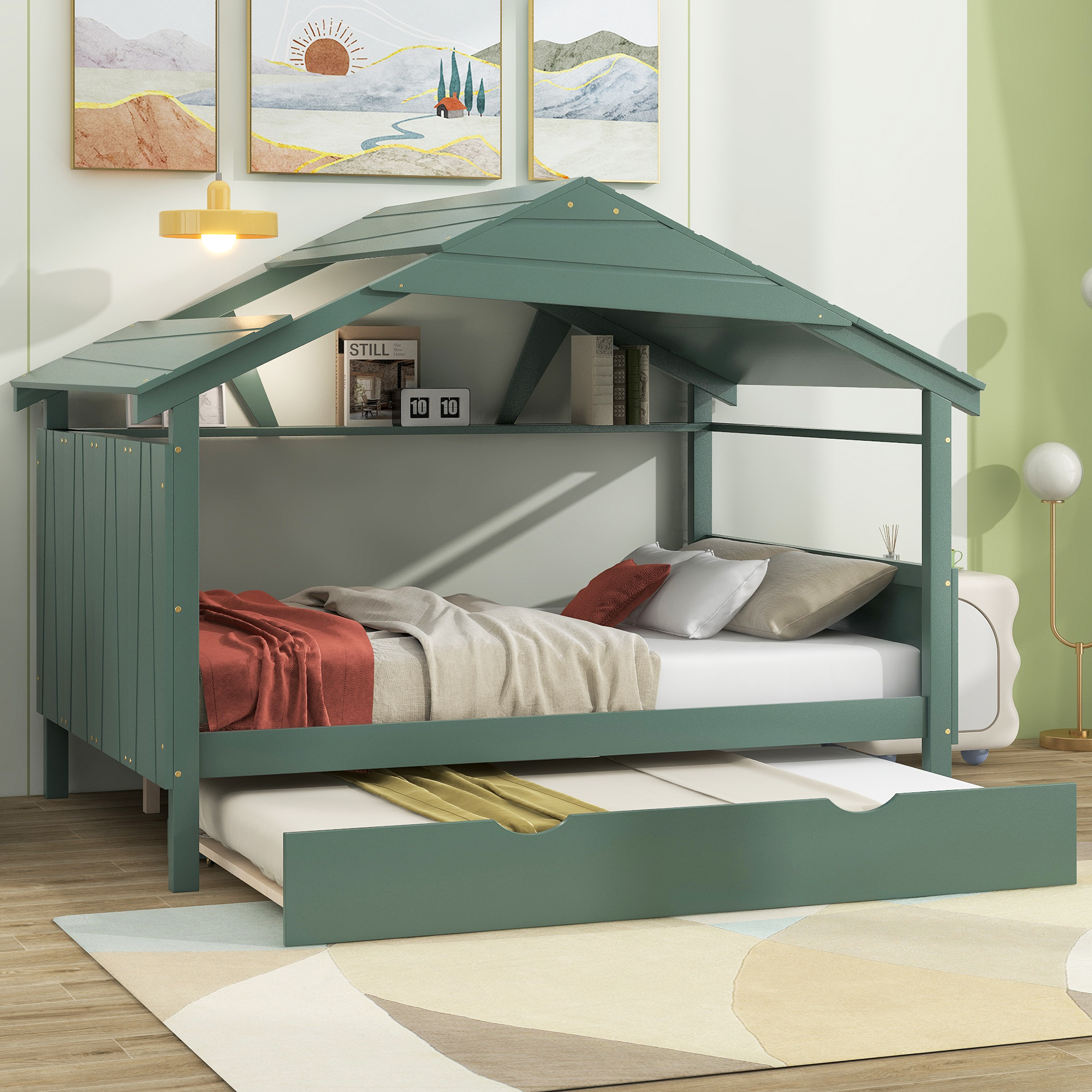 Wood Full Size House Bed with Twin Size Trundle and Storage