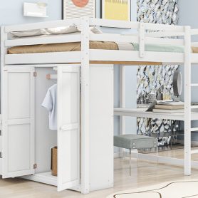 Wood Full Size Loft Bed with Built-in Wardrobe, Desk, Storage Shelves and Drawers