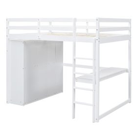 Wood Full Size Loft Bed with Built-in Wardrobe, Desk, Storage Shelves and Drawers