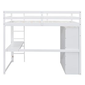 Wood Full Size Loft Bed with Built-in Wardrobe, Desk, Storage Shelves and Drawers