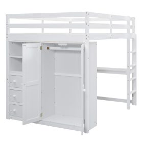 Wood Full Size Loft Bed with Built-in Wardrobe, Desk, Storage Shelves and Drawers