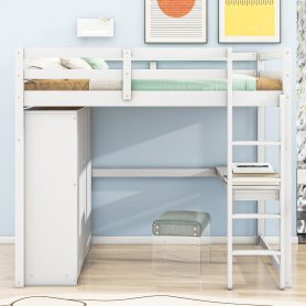 Wood Full Size Loft Bed with Built-in Wardrobe, Desk, Storage Shelves and Drawers