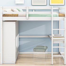 Wood Full Size Loft Bed with Built-in Wardrobe, Desk, Storage Shelves and Drawers