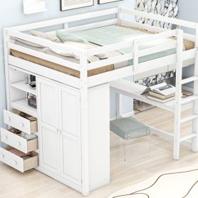 Wood Full Size Loft Bed with Built-in Wardrobe, Desk, Storage Shelves and Drawers