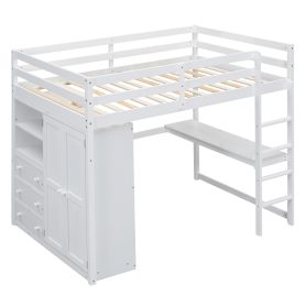 Wood Full Size Loft Bed with Built-in Wardrobe, Desk, Storage Shelves and Drawers