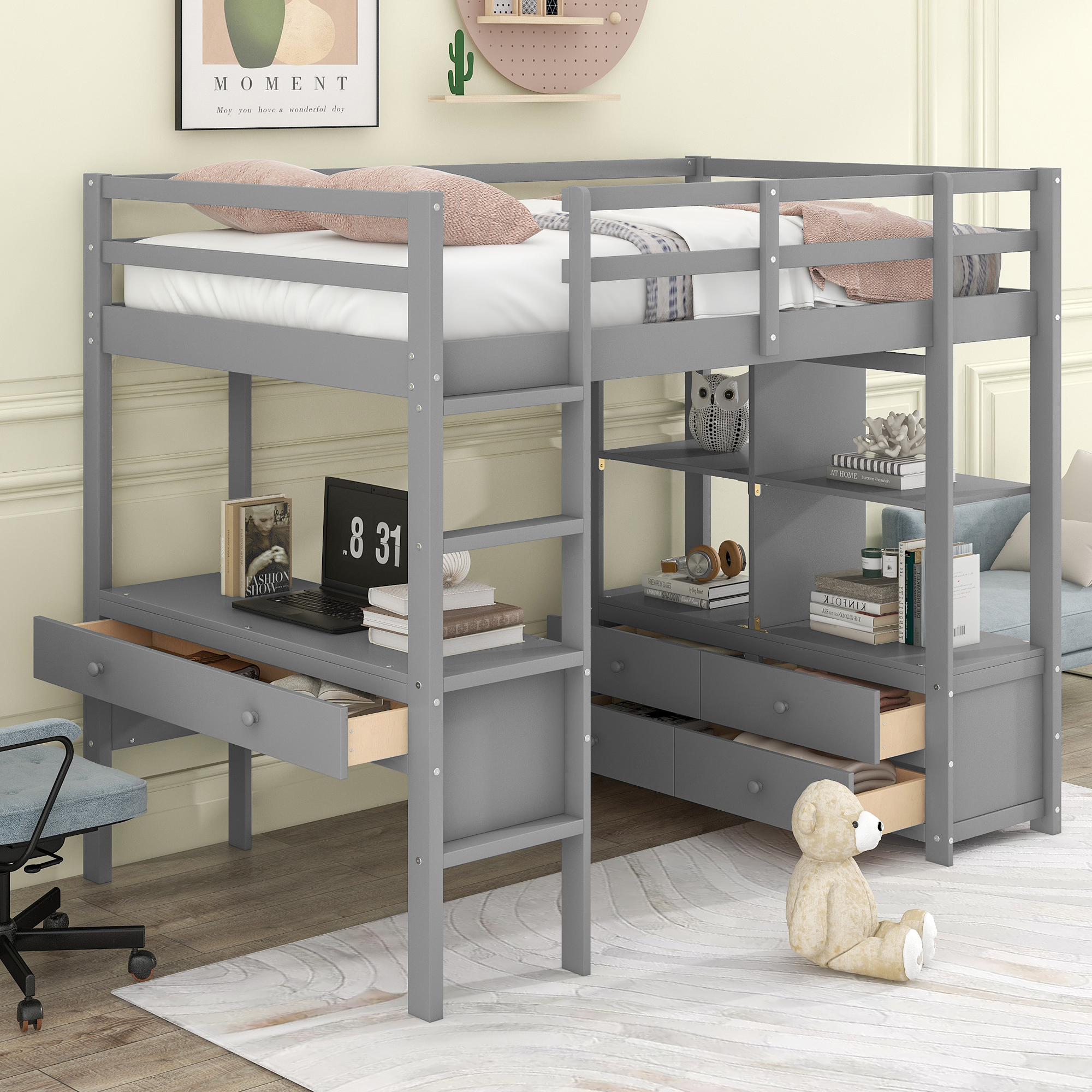 Twin Size Loft Bed With Built-in Desk, Two Drawers And Storage Shelves