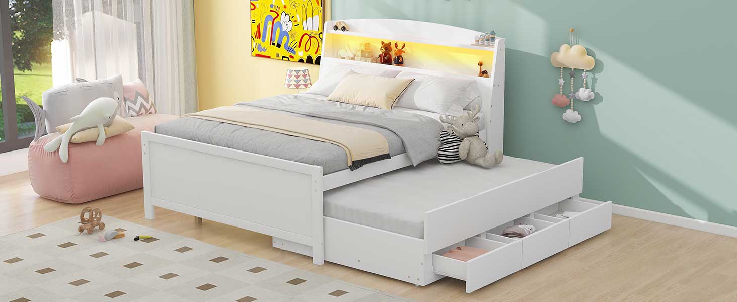 Full Size Platform Bed with Storage LED Headboard, Twin Size Trundle and 3 Drawers 8 Full Size Platform Bed with Storage LED Headboard, Twin Size Trundle and 3 Drawers