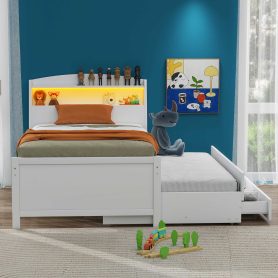 Twin Size Platform Bed with Storage LED Headboard, Twin Size Trundle and 3 Drawers