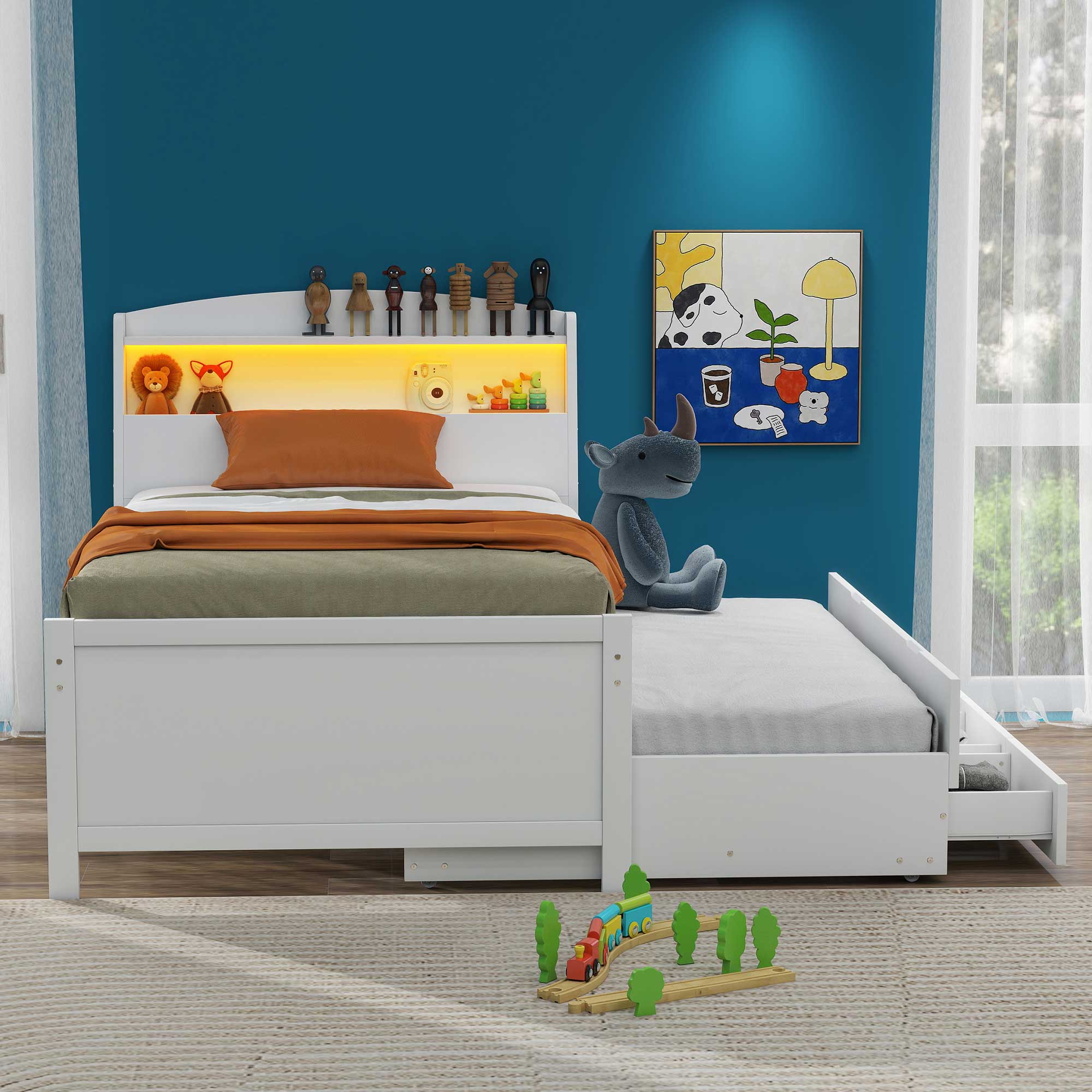 Twin Size Platform Bed with Storage LED Headboard, Twin Size Trundle and 3 Drawers 4 Twin Size Platform Bed with Storage LED Headboard, Twin Size Trundle and 3 Drawers