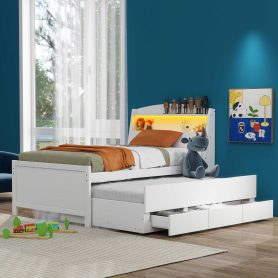 Twin Size Platform Bed with Storage LED Headboard, Twin Size Trundle and 3 Drawers 24 Twin Size Platform Bed with Storage LED Headboard, Twin Size Trundle and 3 Drawers