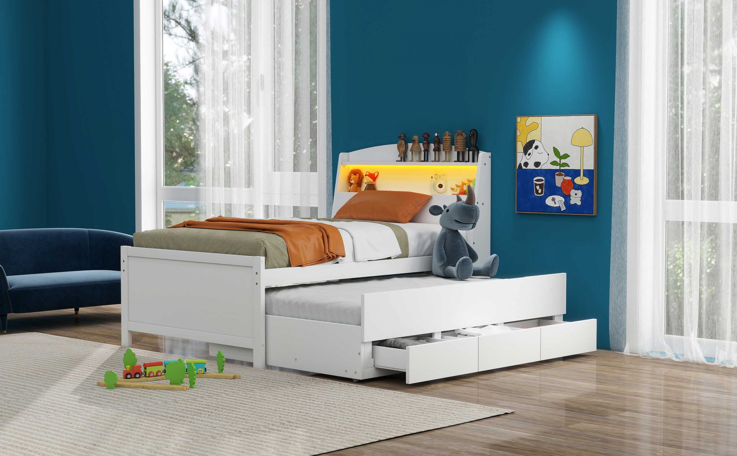 Twin Size Platform Bed with Storage LED Headboard, Twin Size Trundle and 3 Drawers 7 Twin Size Platform Bed with Storage LED Headboard, Twin Size Trundle and 3 Drawers