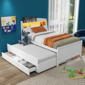 Twin Size Platform Bed with Storage LED Headboard, Twin Size Trundle and 3 Drawers 25 Twin Size Platform Bed with Storage LED Headboard, Twin Size Trundle and 3 Drawers