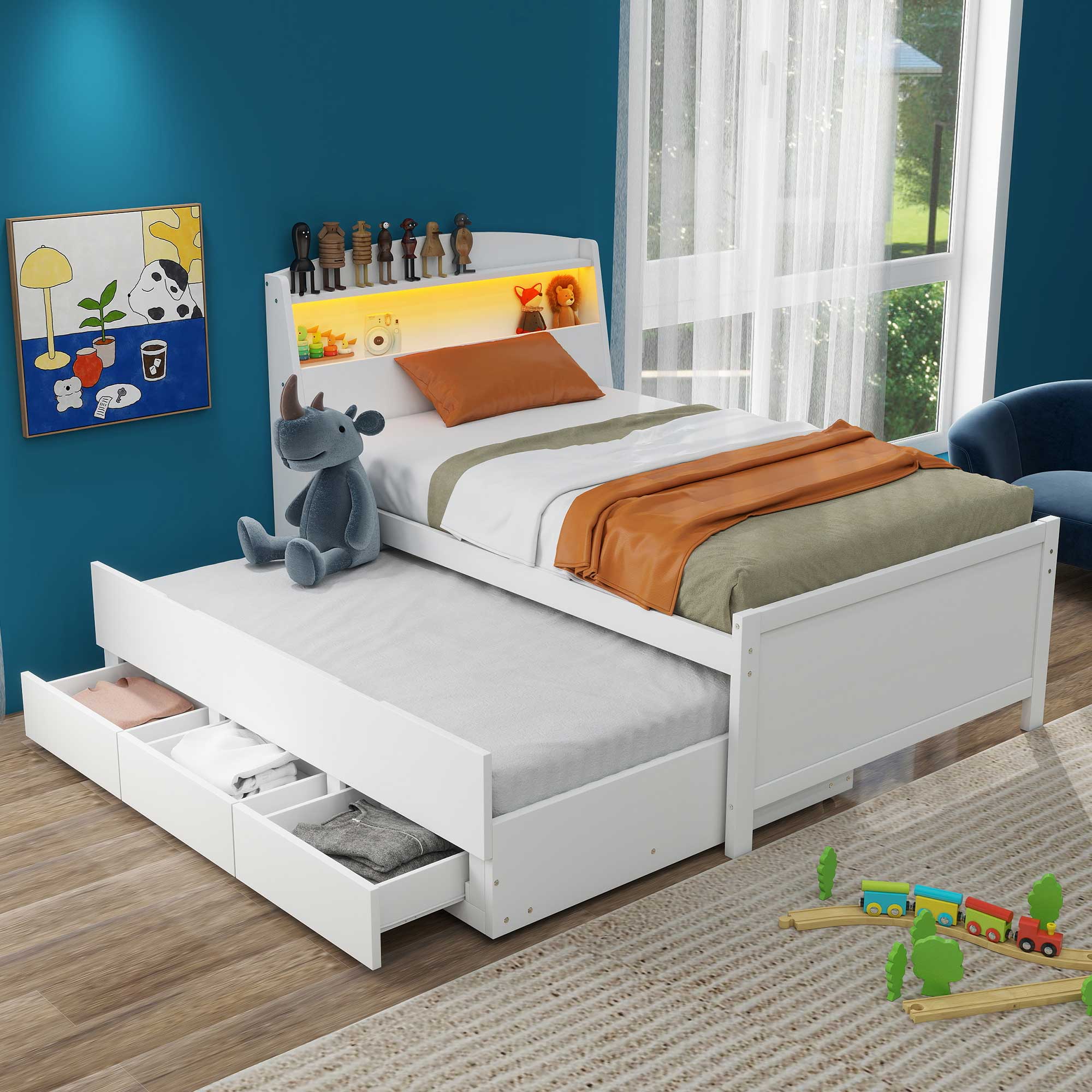 Twin Size Platform Bed with Storage LED Headboard, Twin Size Trundle and 3 Drawers 6 Twin Size Platform Bed with Storage LED Headboard, Twin Size Trundle and 3 Drawers