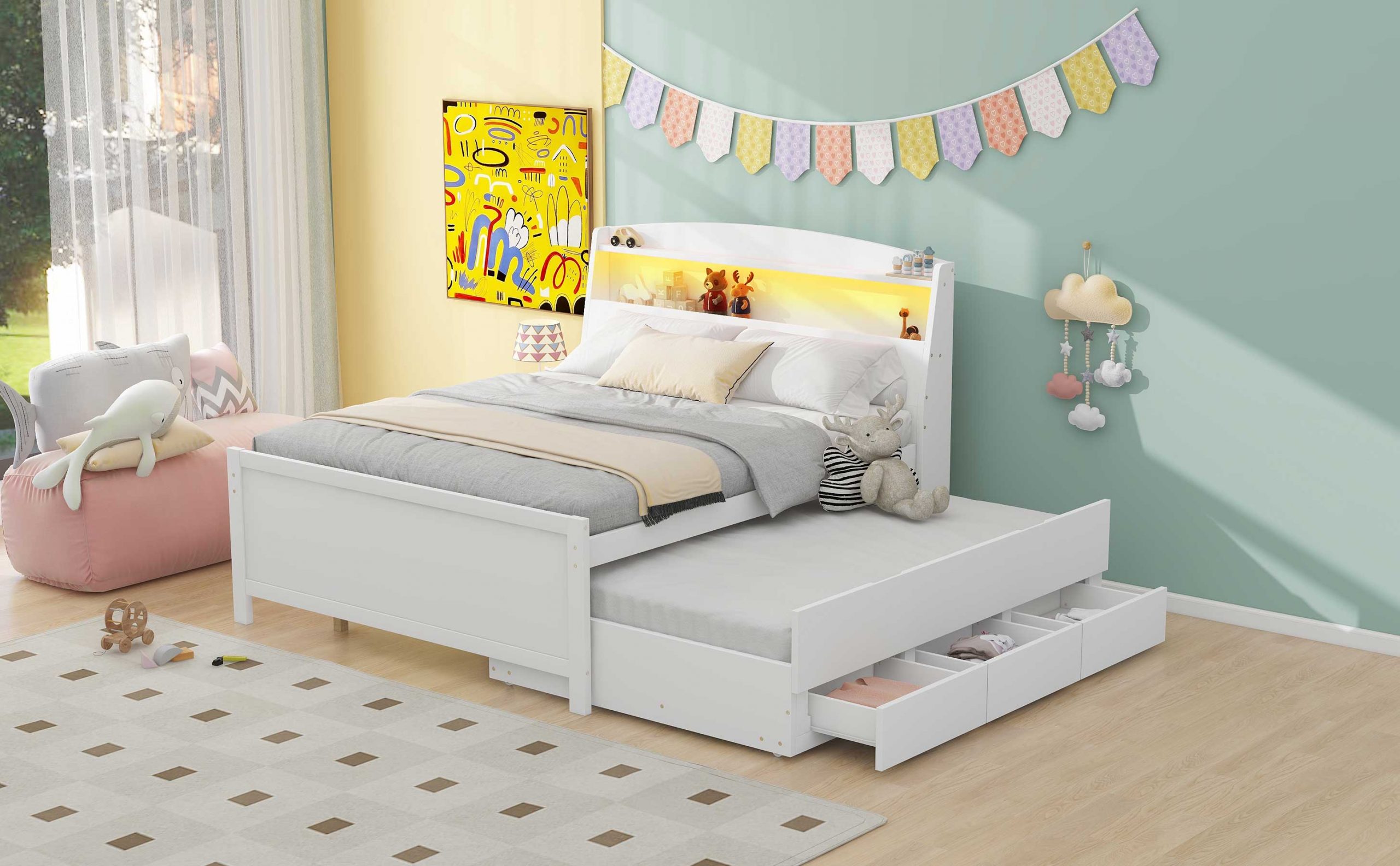 Full Size Platform Bed with Storage LED Headboard, Twin Size Trundle and 3 Drawers 7 Full Size Platform Bed with Storage LED Headboard, Twin Size Trundle and 3 Drawers