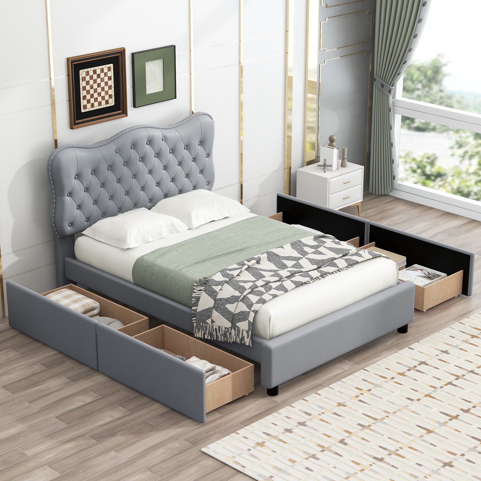 Full Size PU Leather Upholstered Platform Bed with 4 Drawers