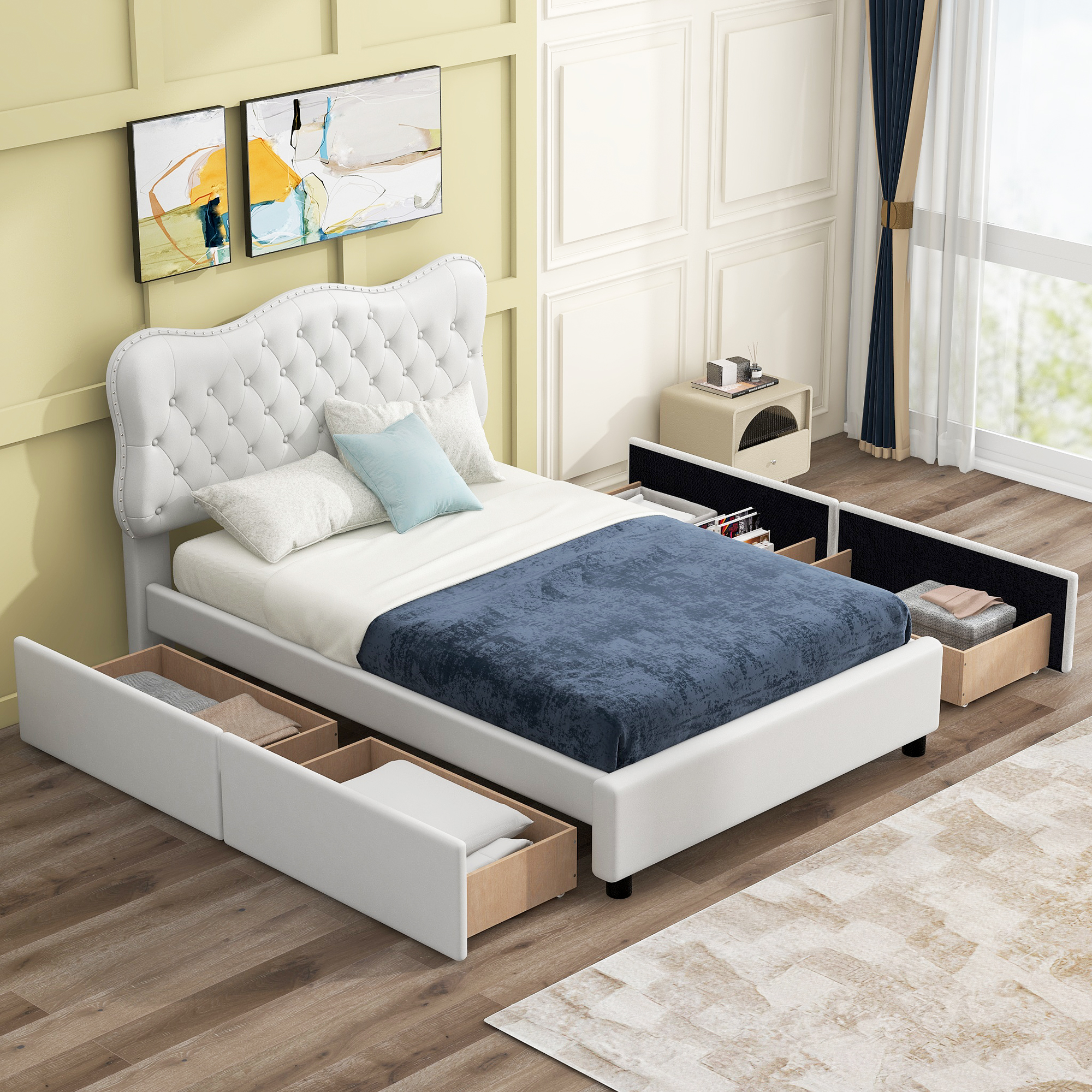 Full Size PU Leather Upholstered Platform Bed with 4 Drawers