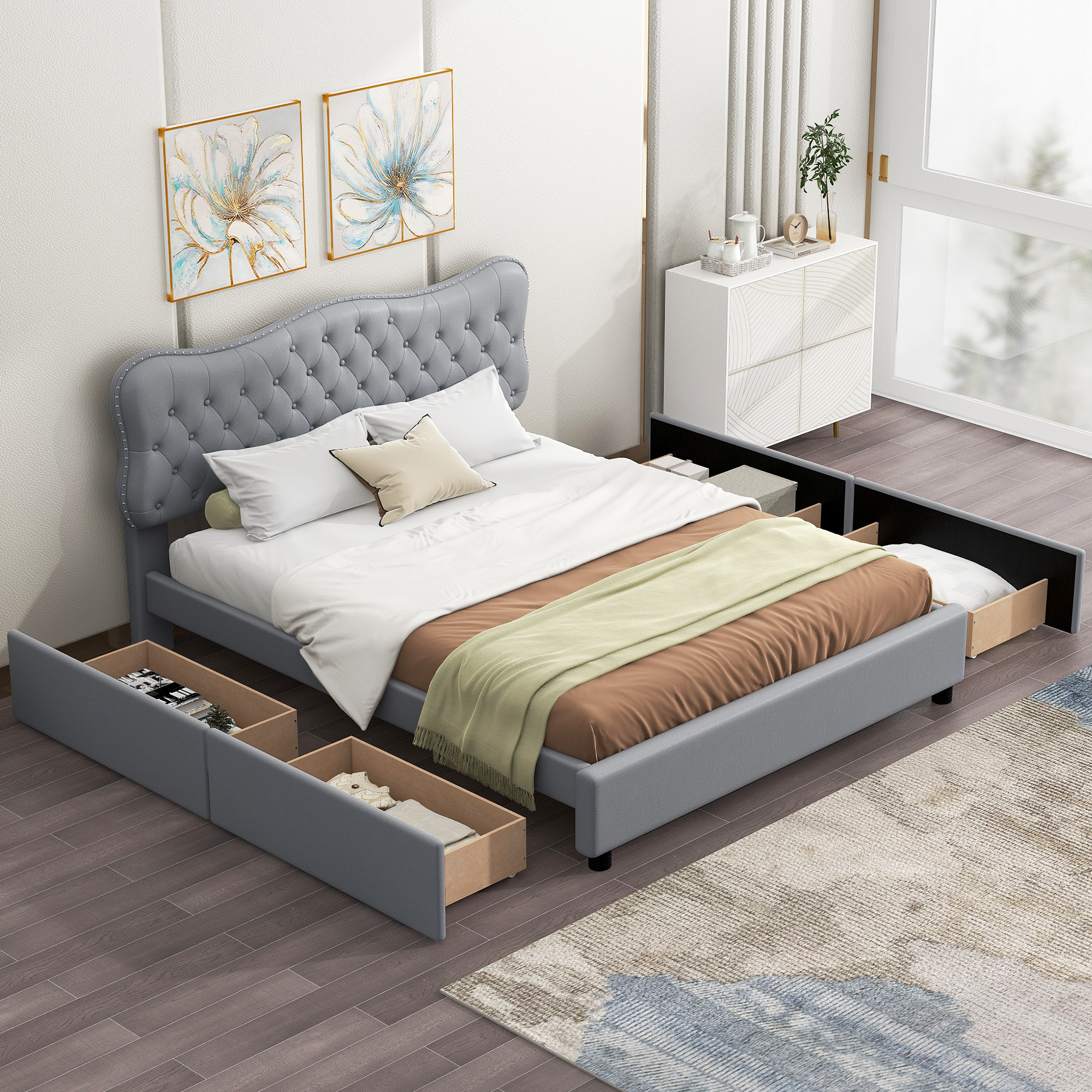 Queen Size PU Leather Upholstered Platform Bed with 4 Drawers