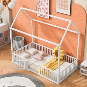Twin Size Metal House Bed with Fence and Door