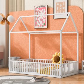 Twin Size Metal House Bed with Fence and Door