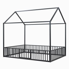 Full Size Metal House Bed With Fence And Door