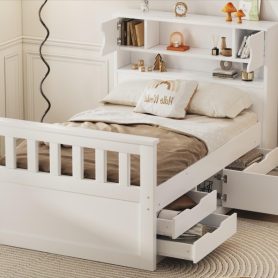 Twin Size Captain Platform Bed Frame with Storage Bookcases and Shelves,Four Drawers