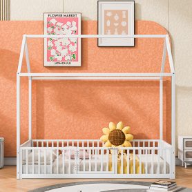 Twin Size Metal House Bed with Fence and Door