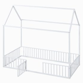 Twin Size Metal House Bed with Fence and Door
