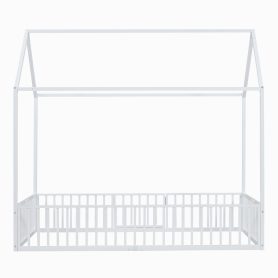 Twin Size Metal House Bed with Fence and Door