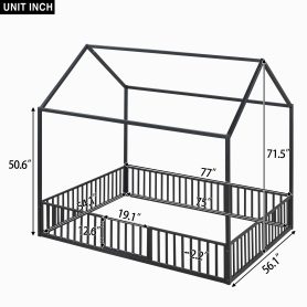 Full Size Metal House Bed With Fence And Door