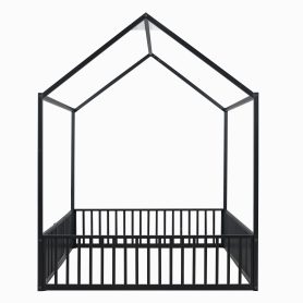 Full Size Metal House Bed With Fence And Door