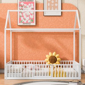 Twin Size Metal House Bed with Fence and Door