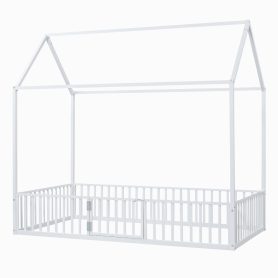 Twin Size Metal House Bed with Fence and Door