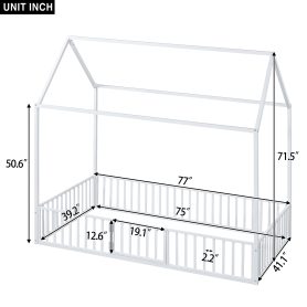 Twin Size Metal House Bed with Fence and Door