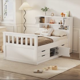 Twin Size Captain Platform Bed Frame with Storage Bookcases and Shelves,Four Drawers