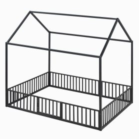 Full Size Metal House Bed With Fence And Door