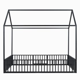 Full Size Metal House Bed With Fence And Door