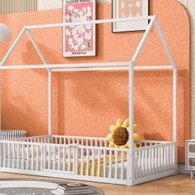 Twin Size Metal House Bed with Fence and Door