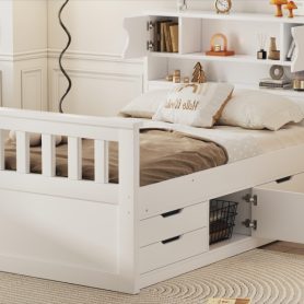 Twin Size Captain Platform Bed Frame with Storage Bookcases and Shelves,Four Drawers