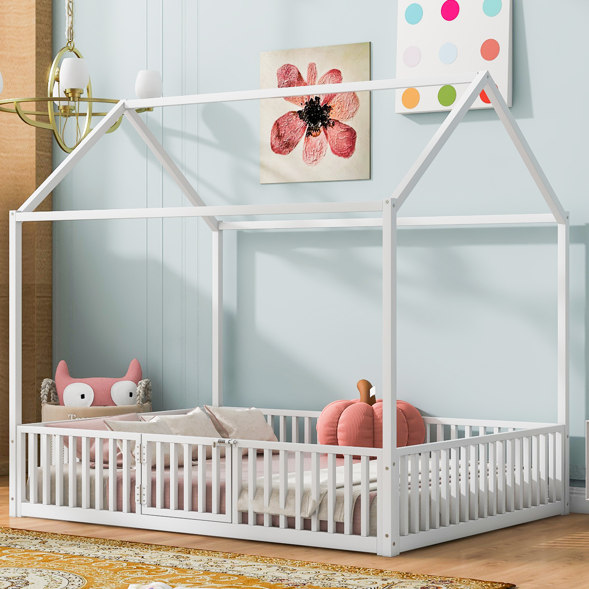 Full Size Metal House Bed With Fence And Door