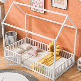 Twin Size Metal House Bed with Fence and Door