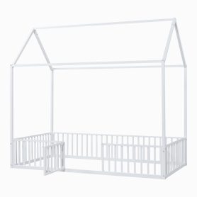 Twin Size Metal House Bed with Fence and Door
