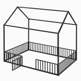 Full Size Metal House Bed With Fence And Door